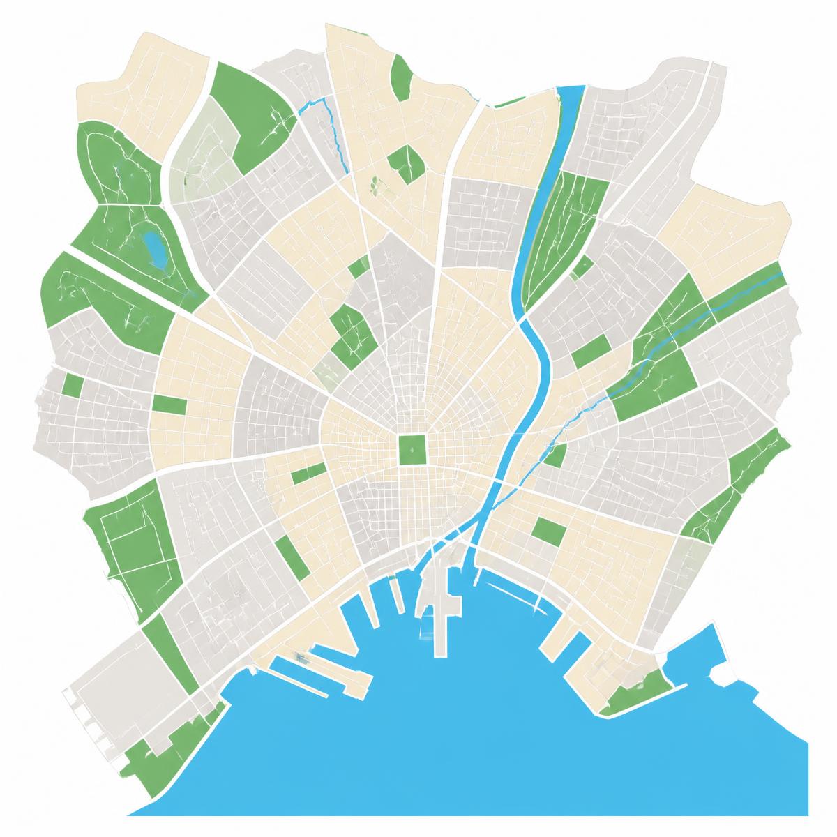 Illustrated map of New Haven neighborhoods with the central green and harbor
