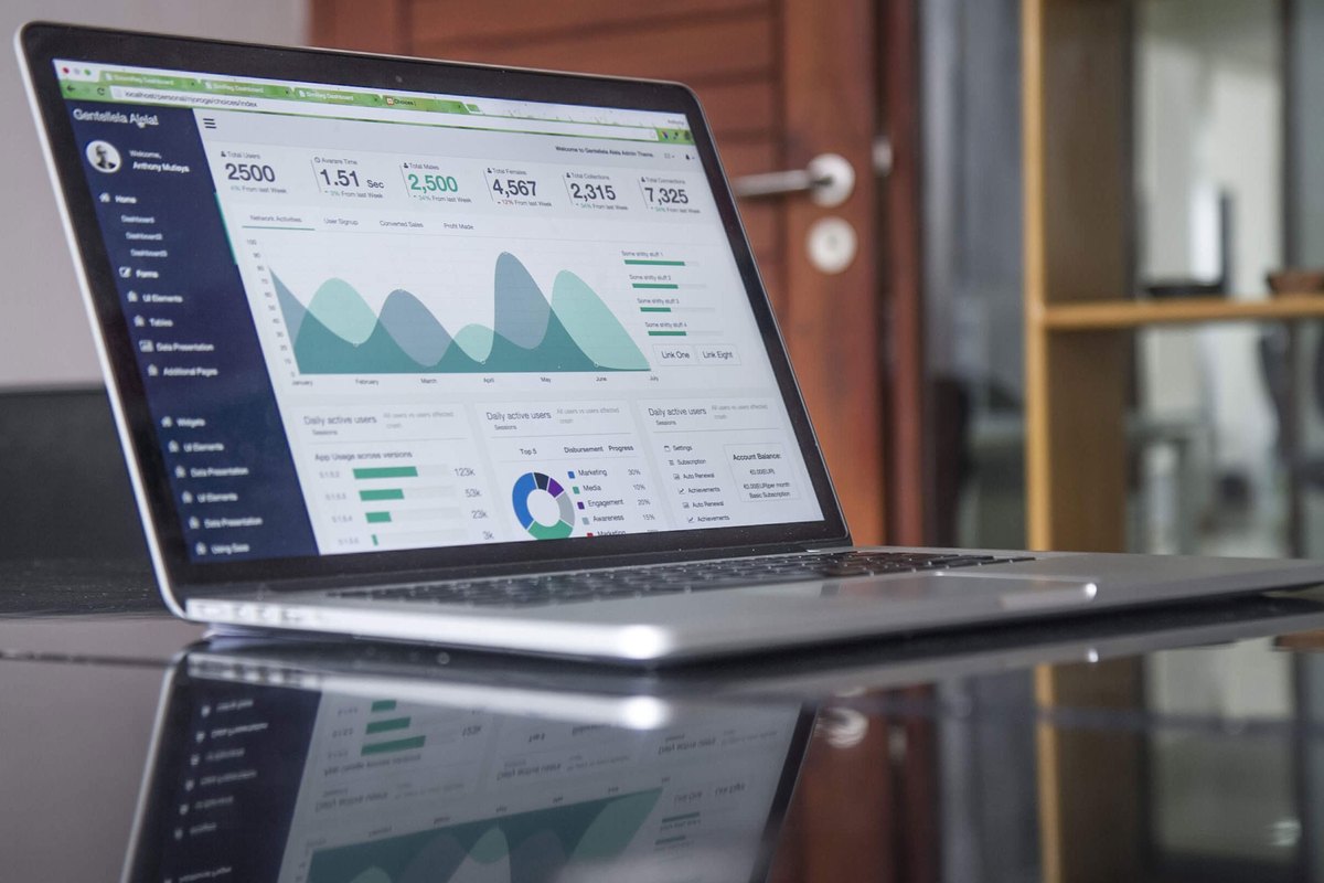 A laptop displaying economic dashboard charts on a wooden desk